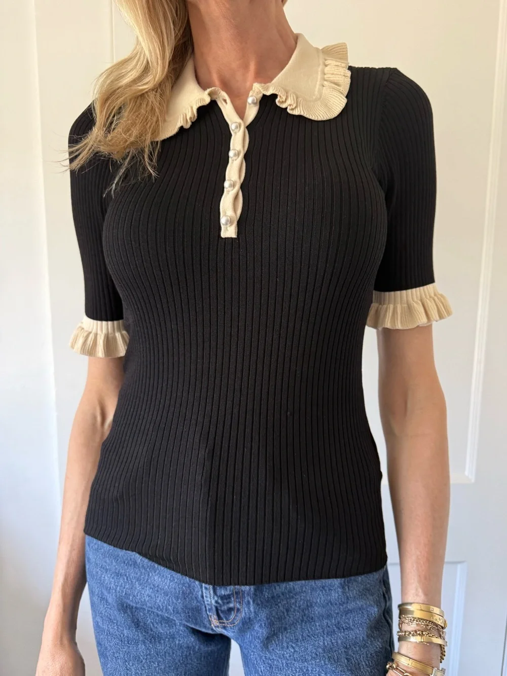 Sandro Black Ribbed Polo Top with Cream Ruffled Trim - Picture 1 of 3